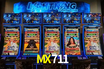 Una escena digital vívida inspirada en casino con MX711 mostrado prominentemente, luces brillantes, fichas, cartas y acentos dorados.